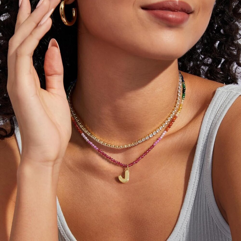 Beaded Initial Necklace Women Gold Plated Rainbow Gemstone Choker Summer Beach J - Picture 3 of 7